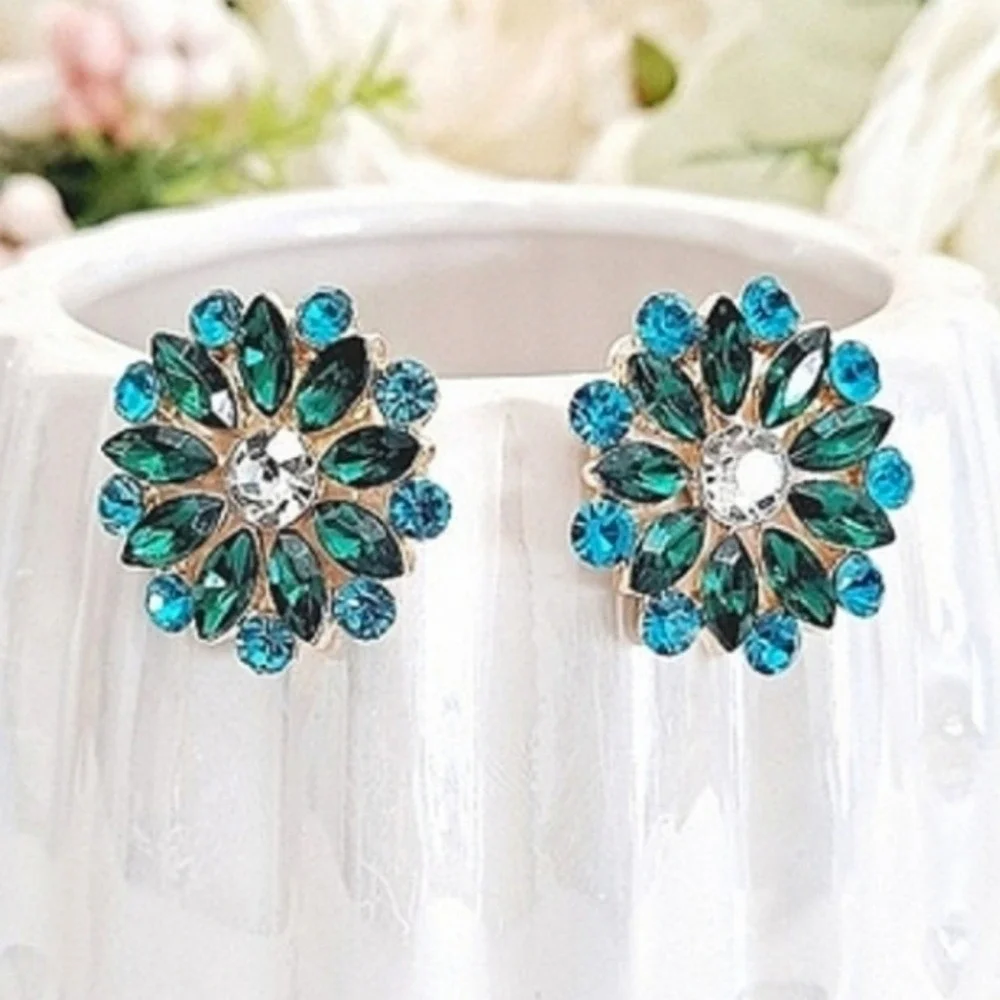 Green Turquoise Rhinestone Cluster Flower Statement Stud Earrings formal prom 💖
